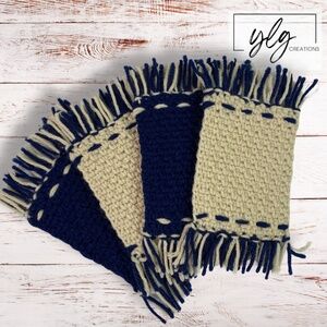 Mug Rugs Coasters Handmade Crochet Navy Blue Beige Fringe Felt Back Set of 4